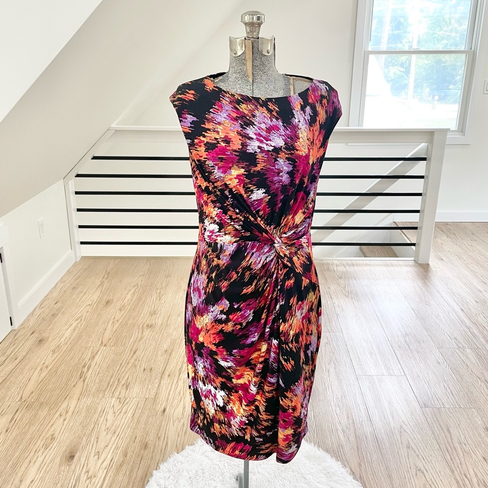 Size 8 Purple, pink, black, colorful, fitted midi stretchy dress